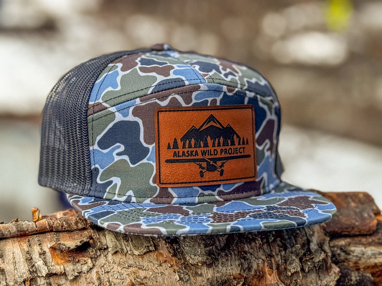 AWP 5 Panel Flat Bill Lake Camo Leather Patch Hat