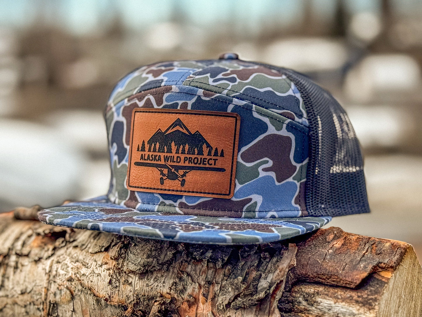 AWP 5 Panel Flat Bill Lake Camo Leather Patch Hat