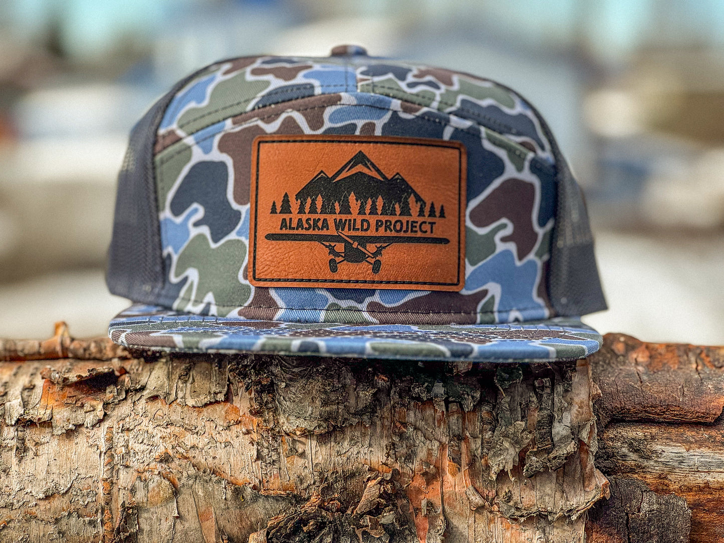 AWP 5 Panel Flat Bill Lake Camo Leather Patch Hat