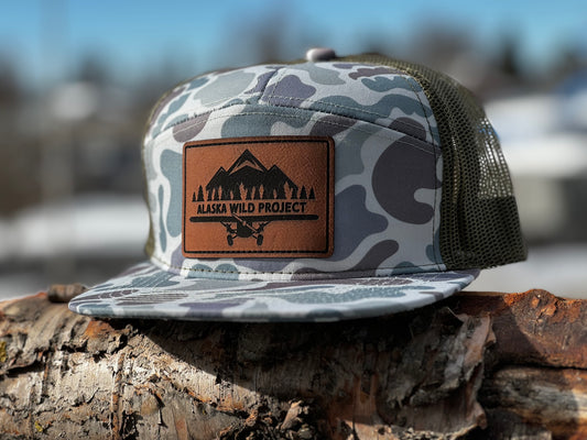 AWP 5 Panel Flat Bill Moss Camo Leather Patch Hat