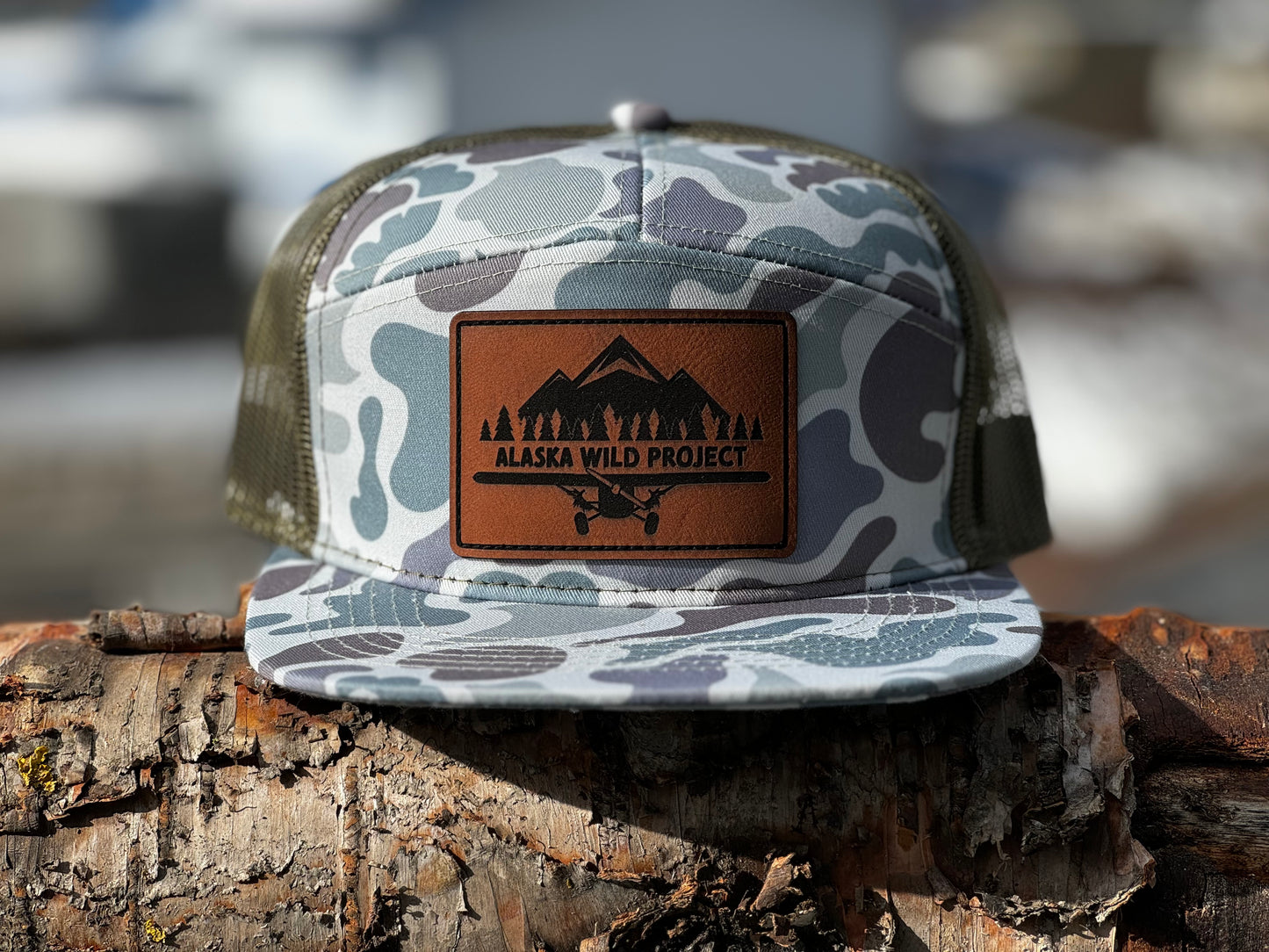 AWP 5 Panel Flat Bill Moss Camo Leather Patch Hat