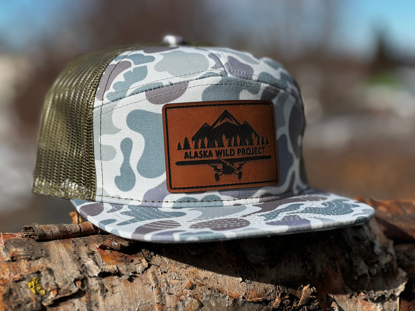 AWP 5 Panel Flat Bill Moss Camo Leather Patch Hat